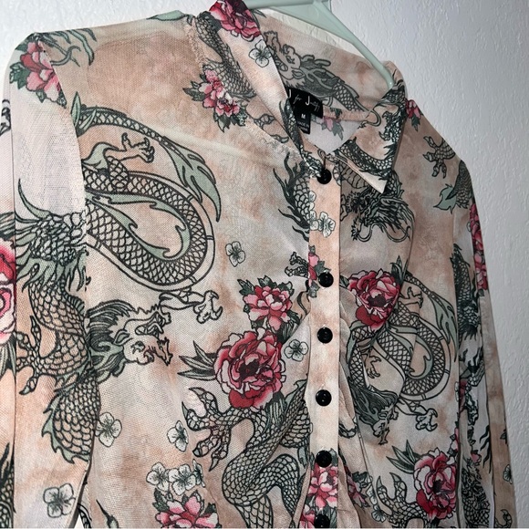 Pink and black dragon print mesh long sleeve button up - Picture 4 of 4